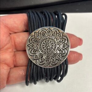 BRAND NEW Magnetic clasp Silver Mandala Pendant on Black Cord Bracelet